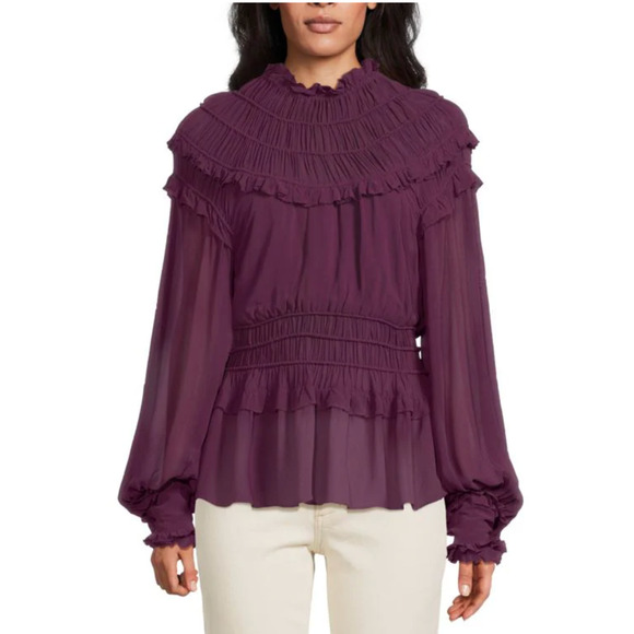 Farm Rio Ruffle High Neck Chiffon Burgundy Blouse XS - Picture 5 of 15